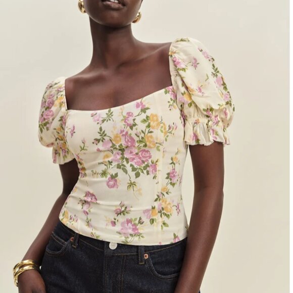 ✨ SALE  Reformation Marin Top Sz6 Posy Cream Blush Floral French Blouse - Picture 3 of 10